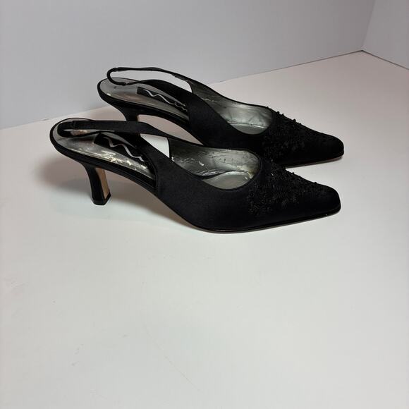 Nina Slingback Heels 6.5M BEADED Shoes Dressy Black Leather soles Classic Luxury - Picture 2 of 10